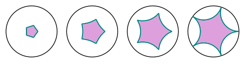 Four hyperbolic pentagons in disc model